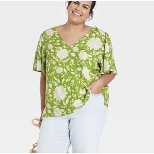 Ava & Viv Green Floral Linen Blend Blouse Size 3X